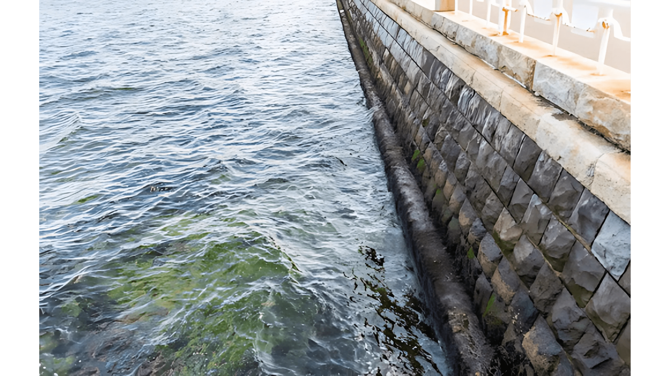 Stone seawall with mossy edges along rippling blue-green water under bright sunlight, topped with a concrete railing.