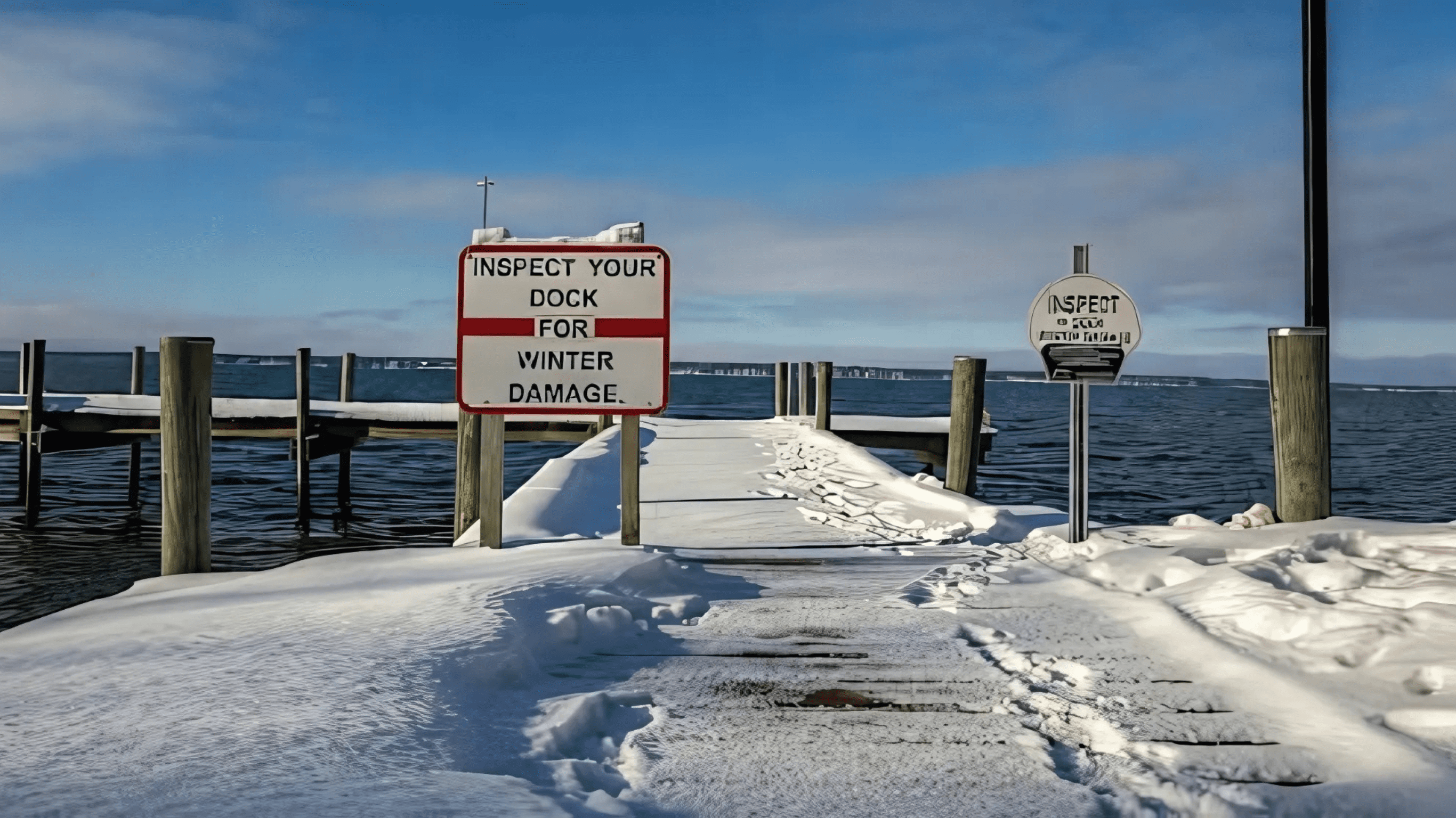 A snow-covered dock with signs advising to inspect for winter damage, emphasizing the importance of dock maintenance in cold climates.
