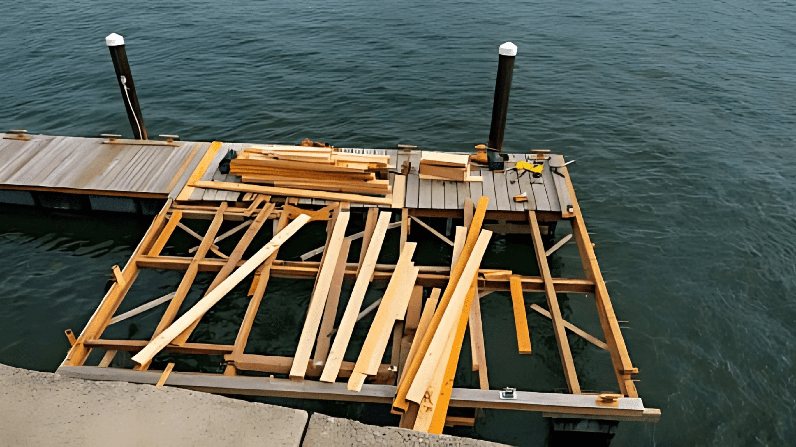 Partially constructed wooden dock with scattered planks and tools, extending over green water near vertical pilings.