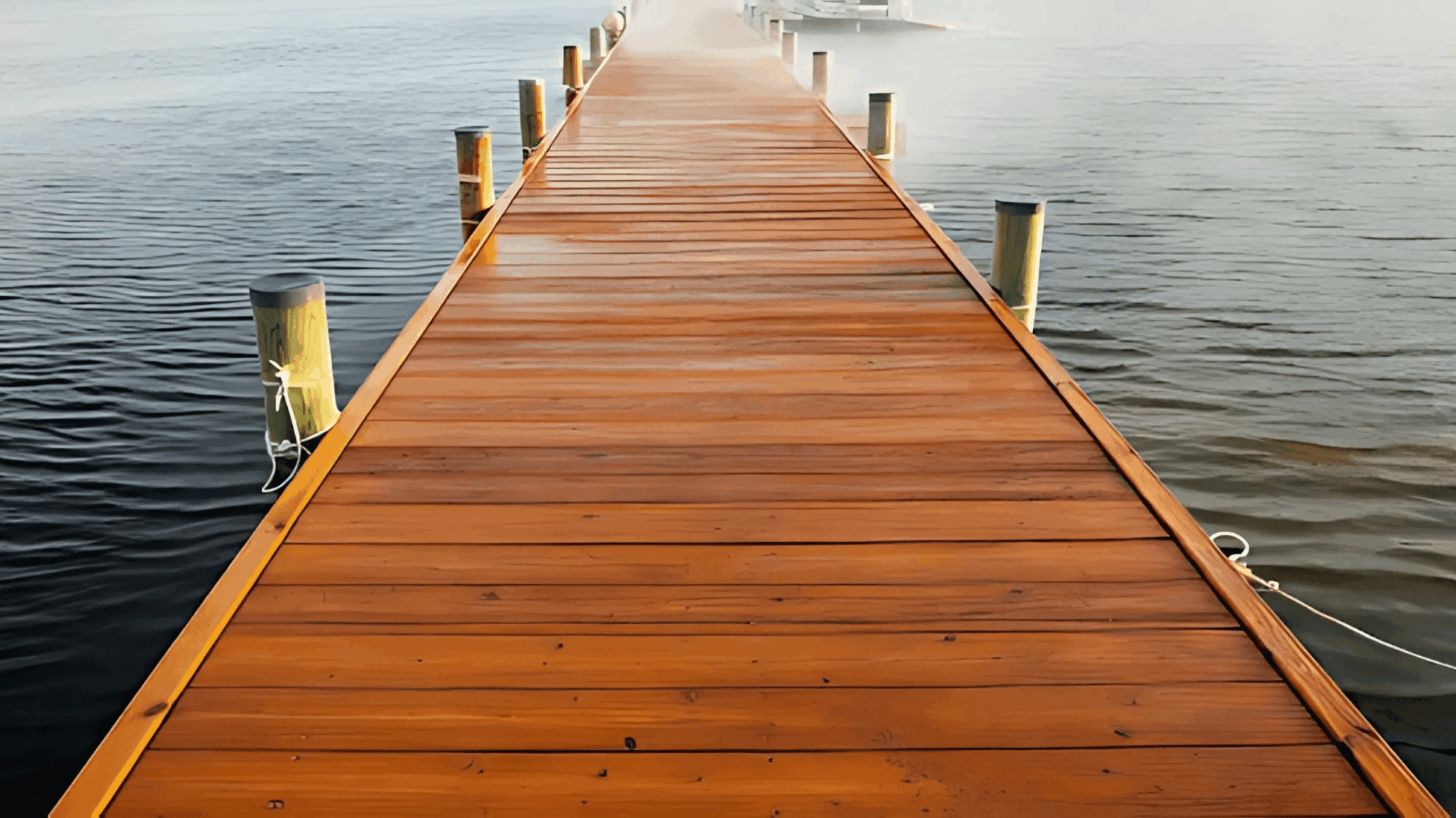 Long wooden dock with a glossy finish stretching over calm water, surrounded by pilings and light mist in the distance.