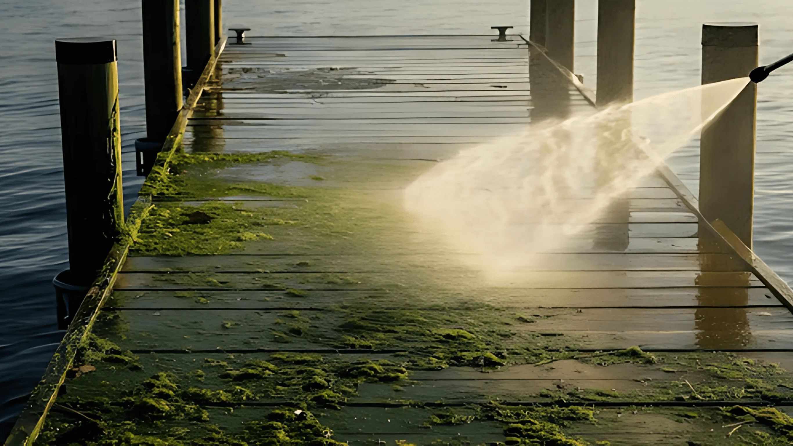 Wooden dock covered in green algae being cleaned with a high-pressure water spray, surrounded by calm water and pilings.