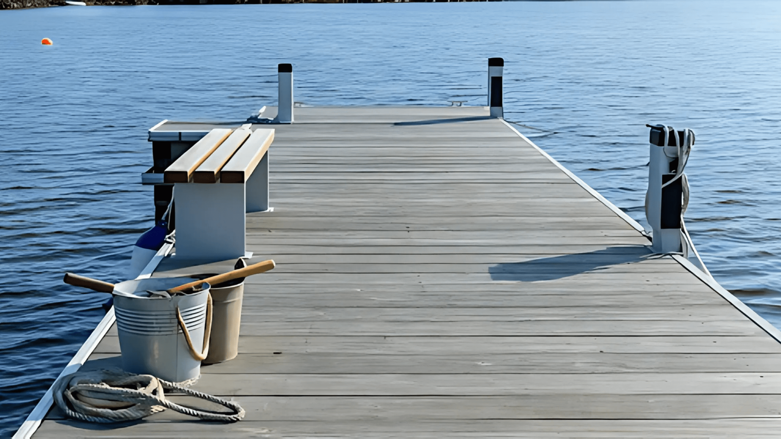 Wooden dock with a bench, a rope, and a bucket, extending over calm blue water with a red buoy in the distance.