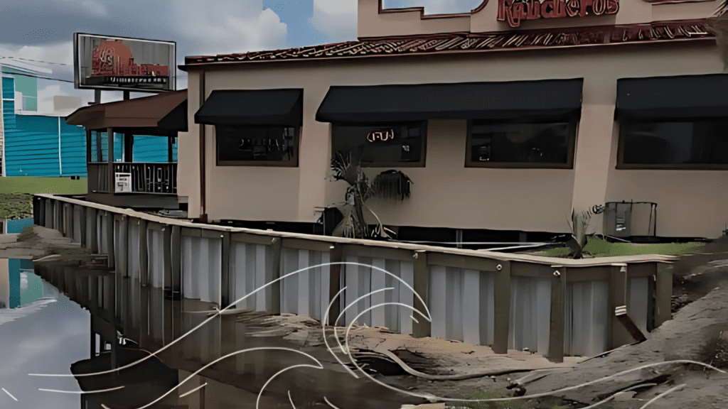 Restaurant building with a vinyl seawall along a narrow waterway, surrounded by grass and a cloudy blue sky.