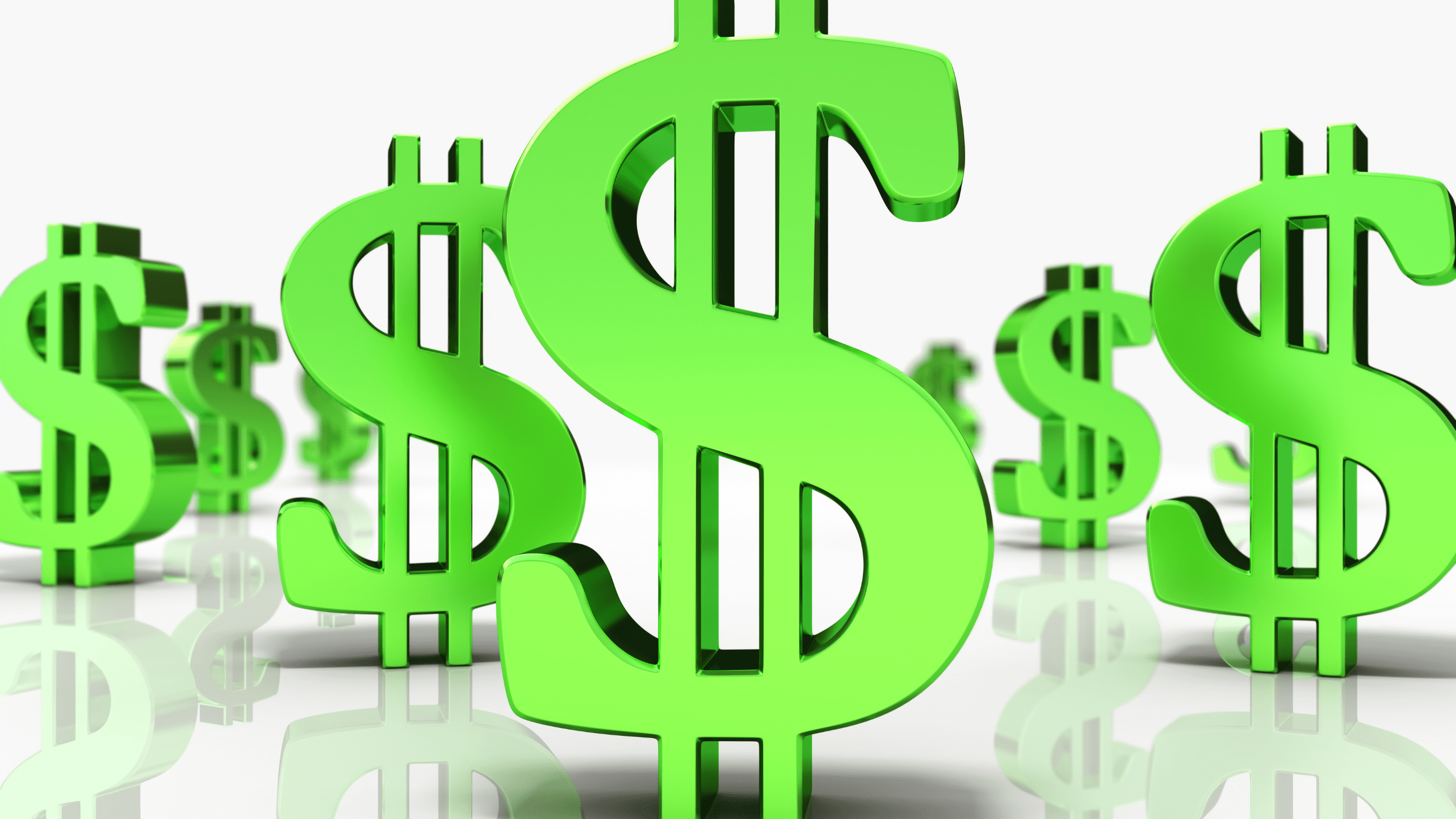 Multiple glossy green dollar signs symbolize financial investment, possibly referencing the cost-effectiveness of vinyl seawalls.