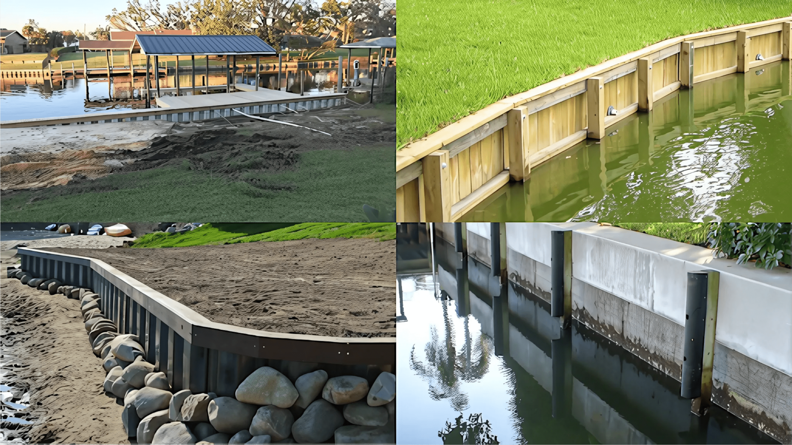 Collage showing various seawalls, including vinyl, wooden, and stone designs, along grassy and sandy waterfronts with calm water.