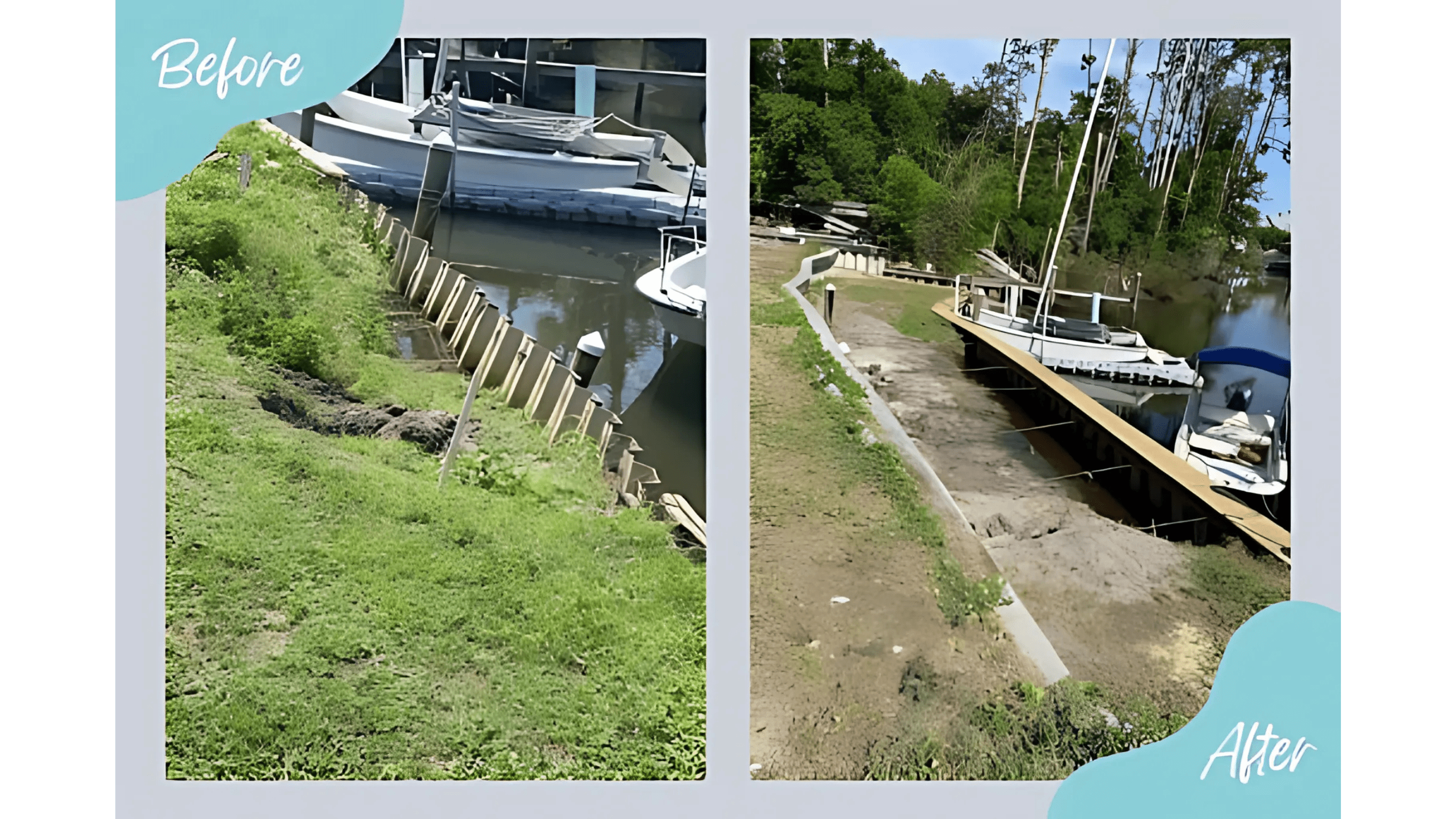 Side-by-side before and after images of a vinyl seawall installation, showing improvements along a grassy waterfront with boats.