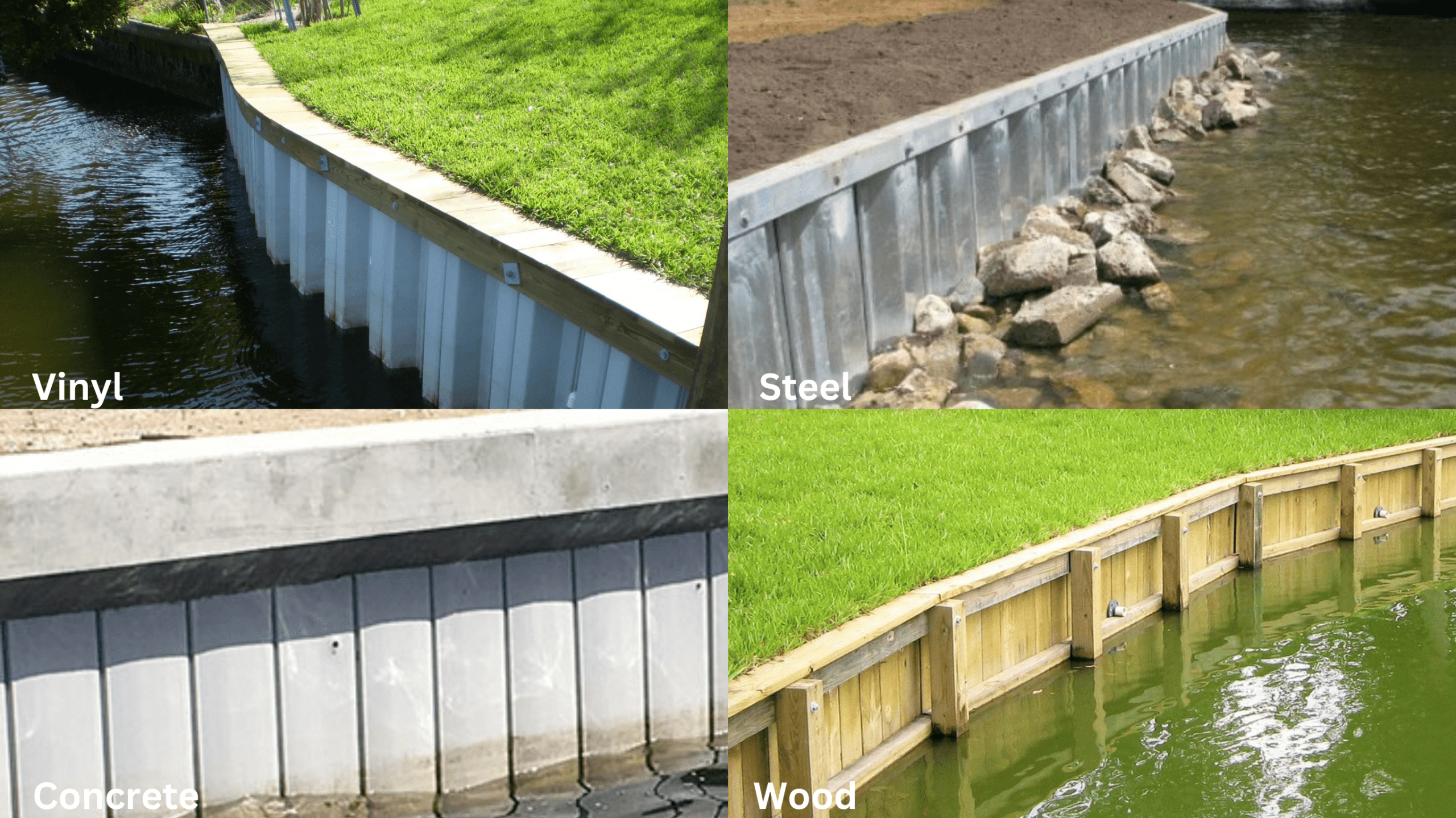 A collage of four bulkhead types—vinyl, steel, concrete, and wood—showing different materials used for shoreline erosion control.