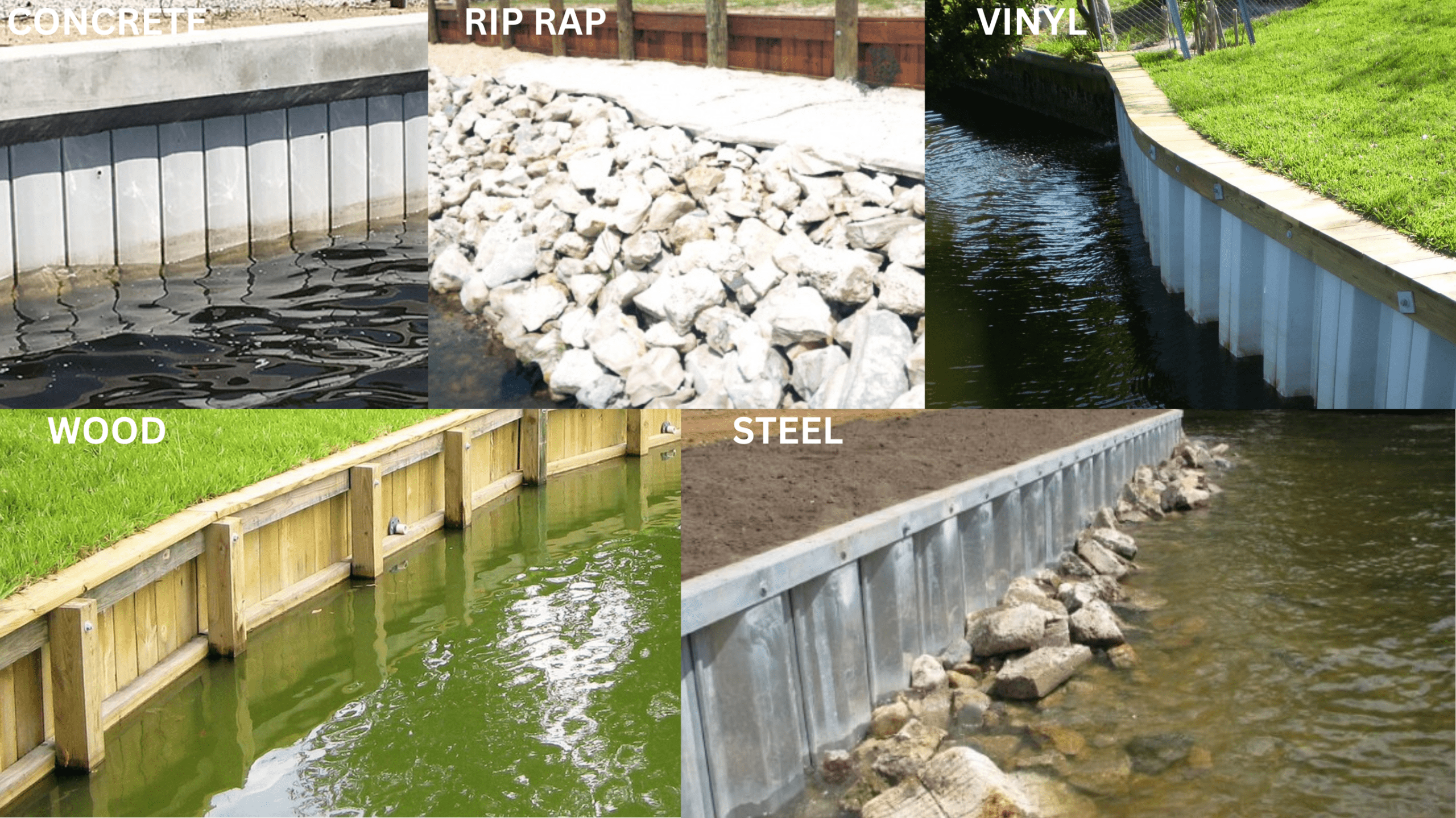 A collage of five seawall types—concrete, riprap, vinyl, wood, and steel—showing various shoreline erosion control methods.