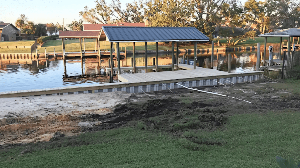 A vinyl seawall with erosion behind it, exposing soil and sand. A dock with a covered boat lift extends over calm canal water.