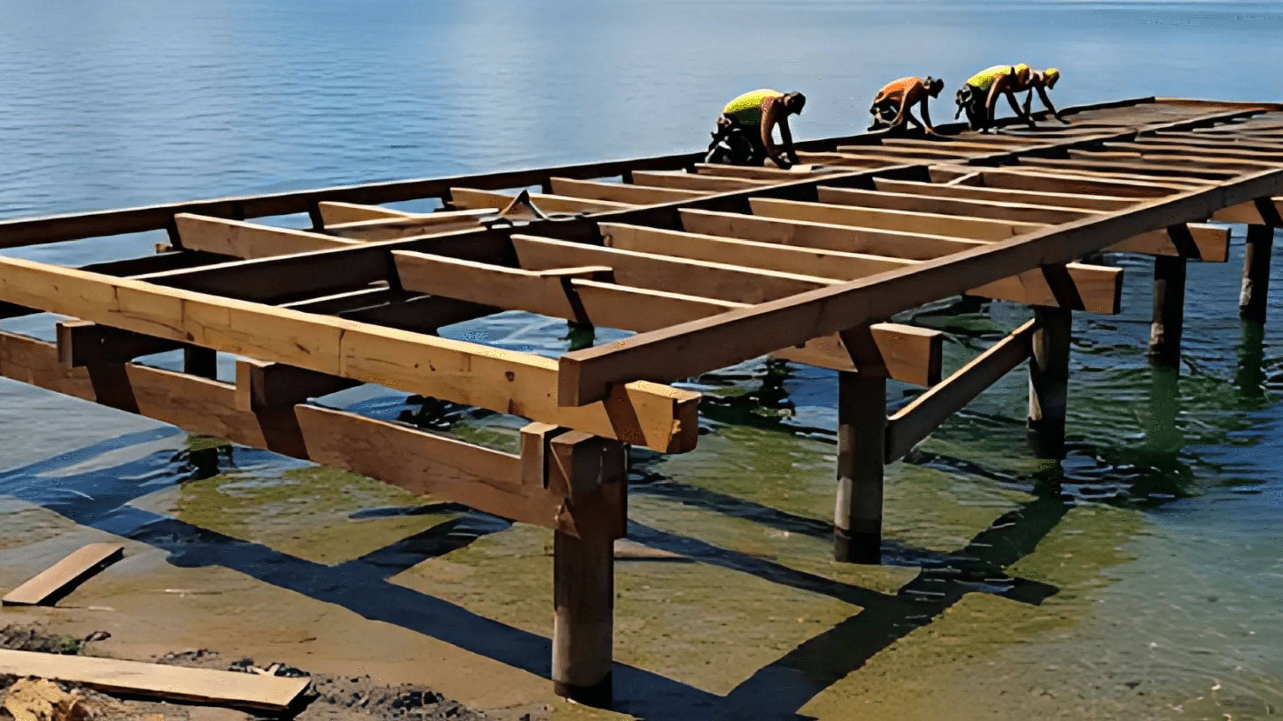 Workers in safety gear perform dock installation over shallow water, assembling wooden beams supported by posts driven into the lakebed.