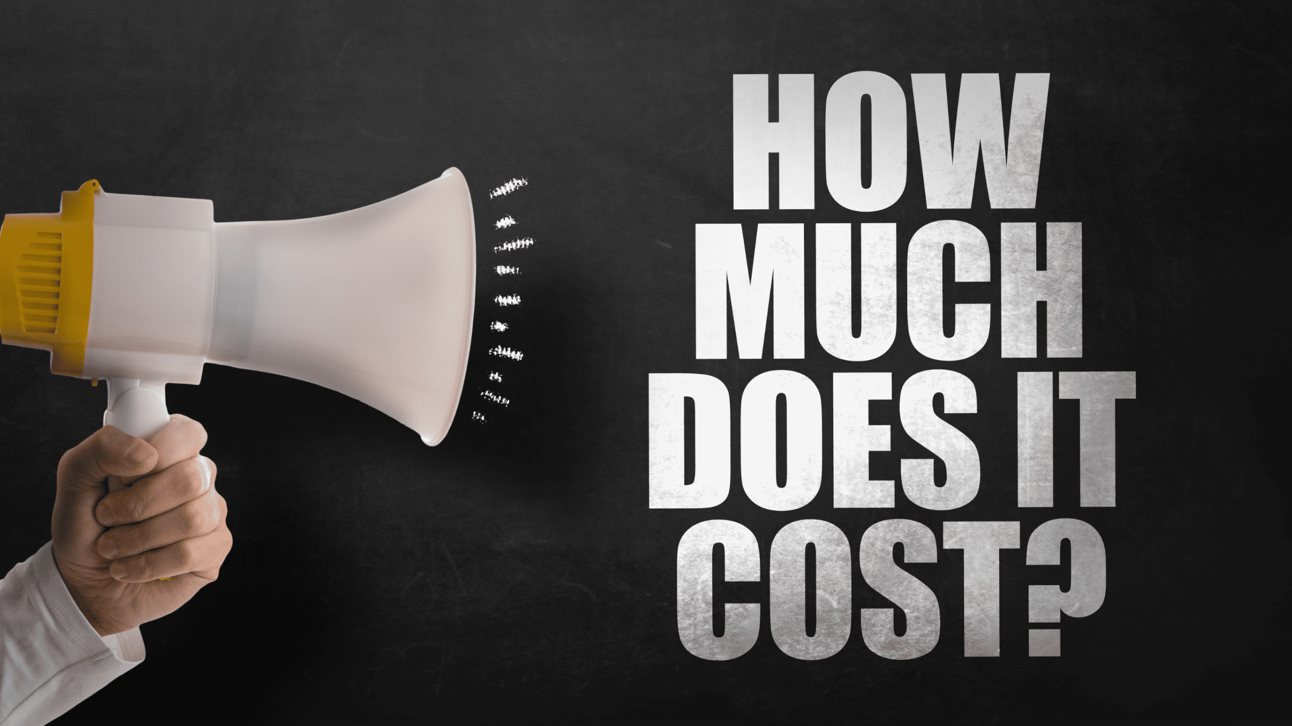 A person holds a megaphone with sound waves directed toward bold white text on a black background that reads "HOW MUCH DOES IT COST?".