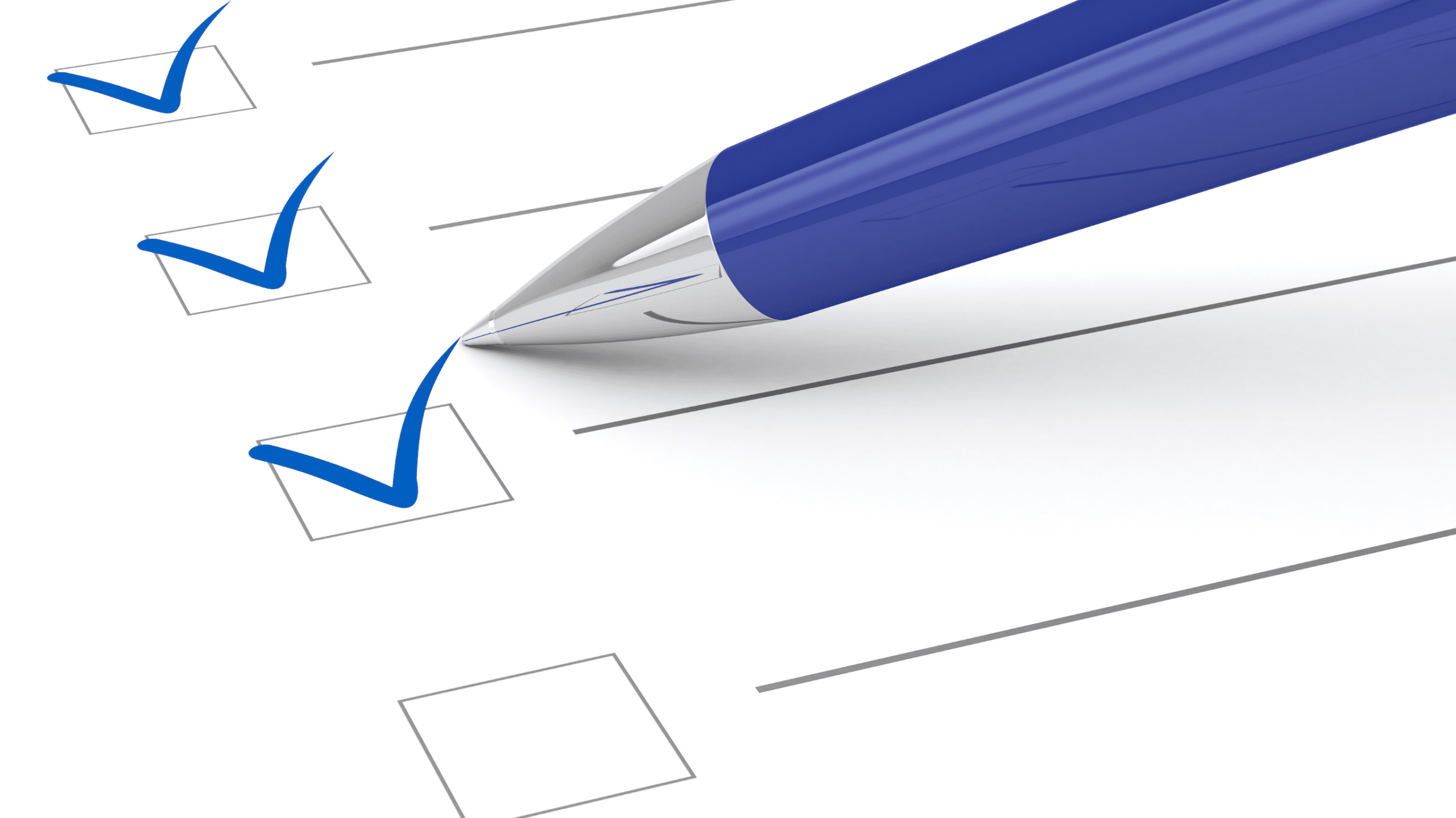 A close-up of a blue pen marking checkboxes with blue checkmarks on a checklist, symbolizing completion and task management.