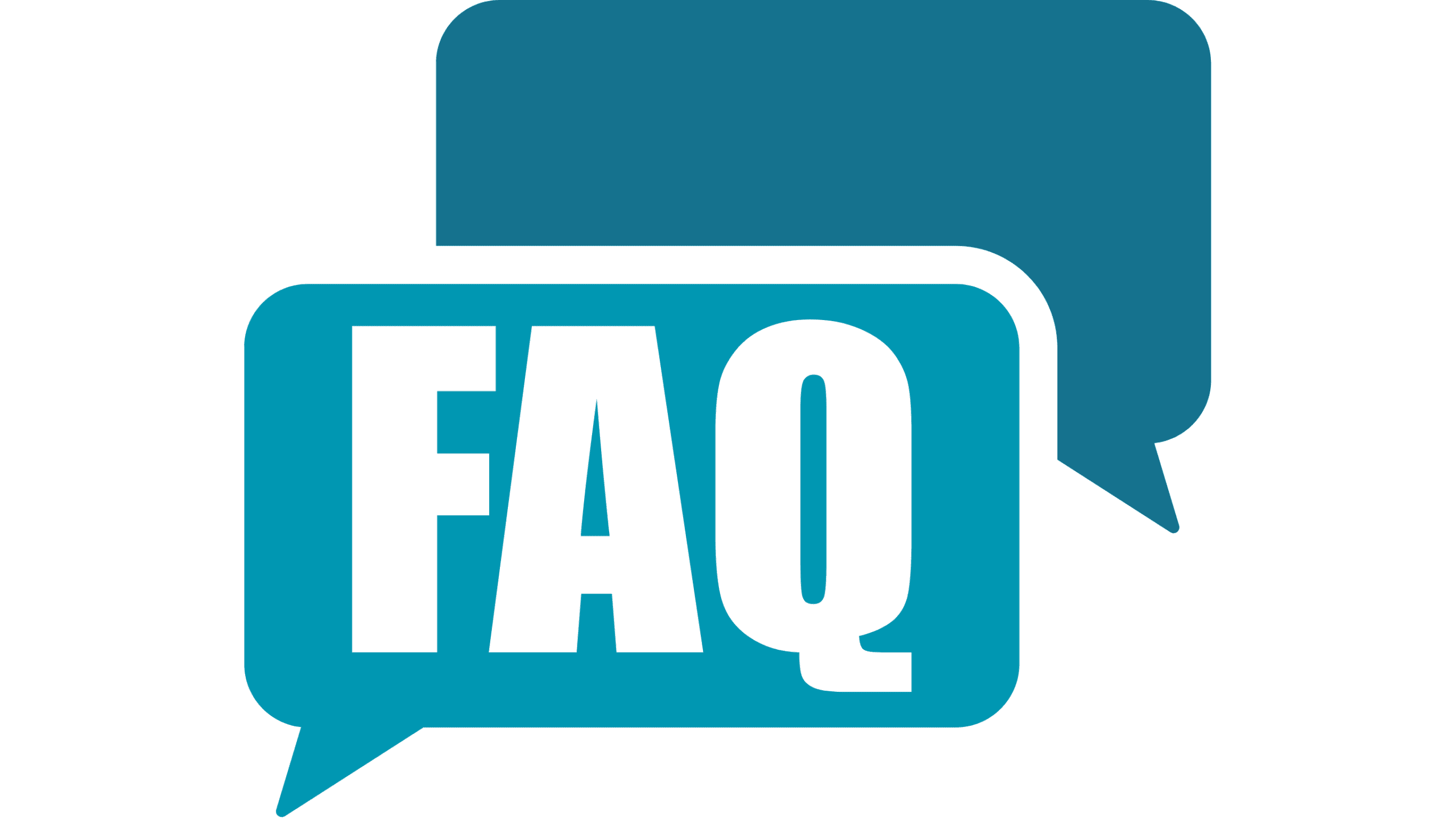 Two overlapping blue speech bubbles with the front one displaying the bold black letters FAQ, symbolizing frequently asked questions.