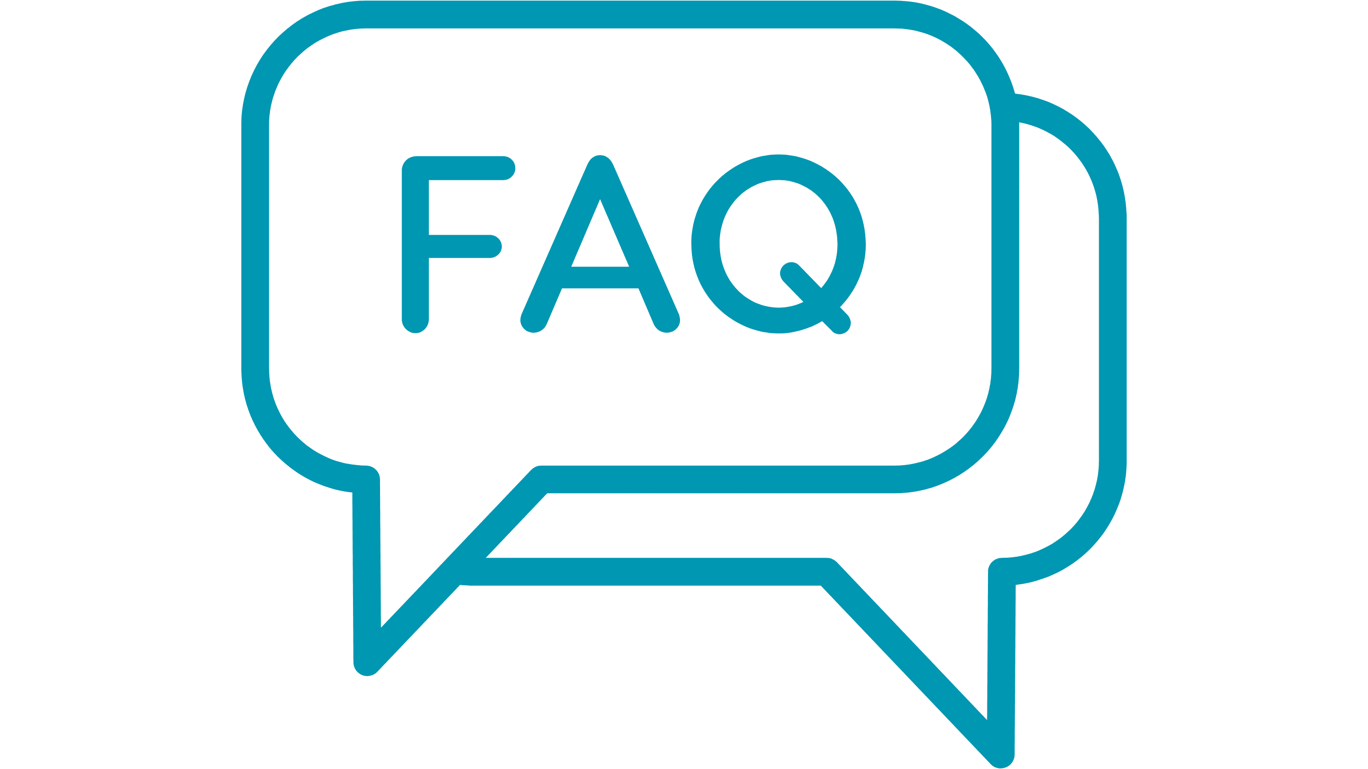 Outlined blue speech bubbles with the bold letters FAQ in the center, representing a frequently asked questions section or help resource.