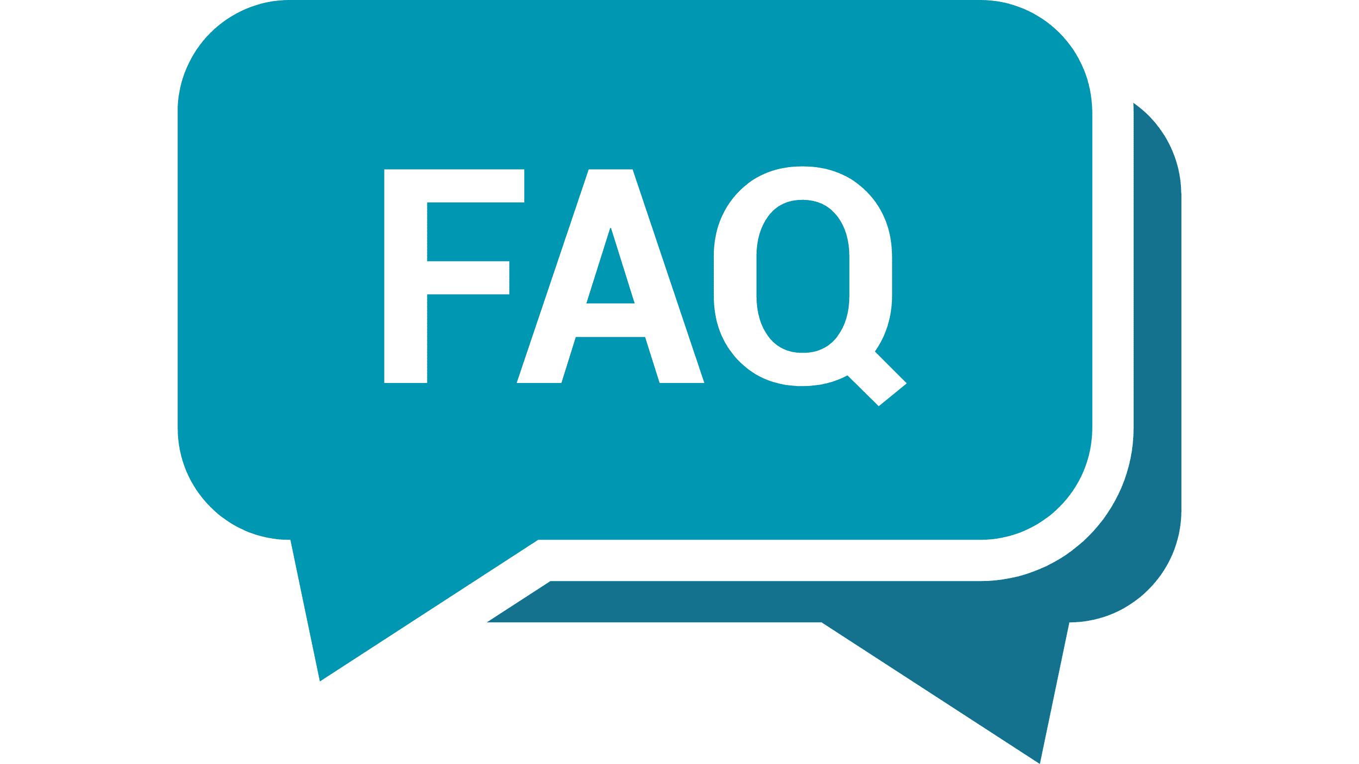 Two overlapping teal speech bubbles with the bold black letters FAQ in the center, symbolizing frequently asked questions and answers.