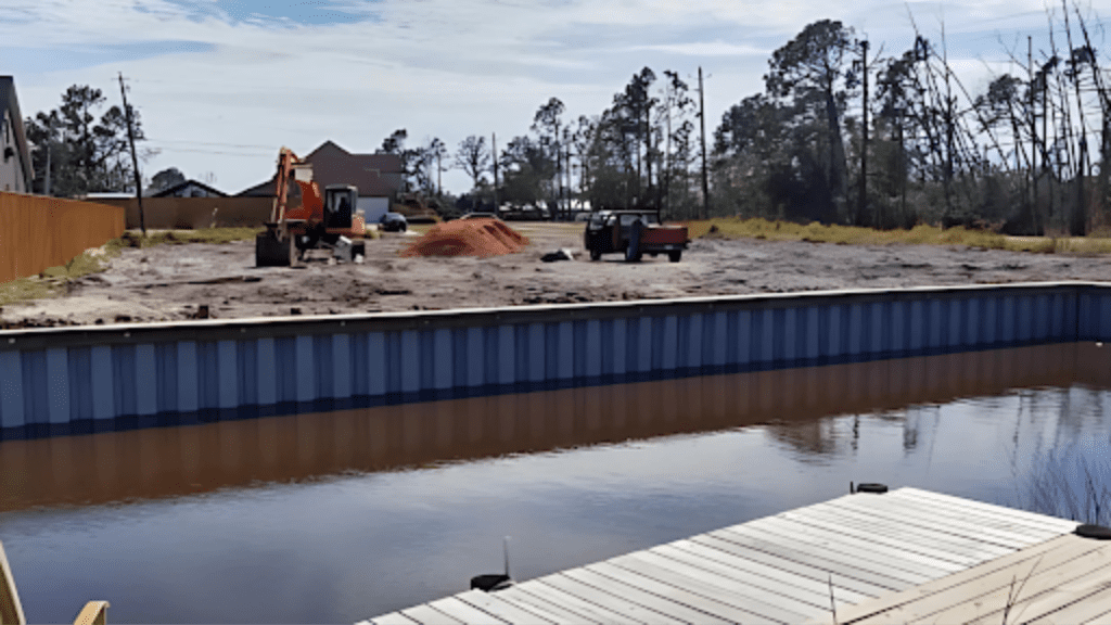 A vinyl seawall lines the water's edge as construction equipment and materials are staged nearby for seawall maintenance or land development.