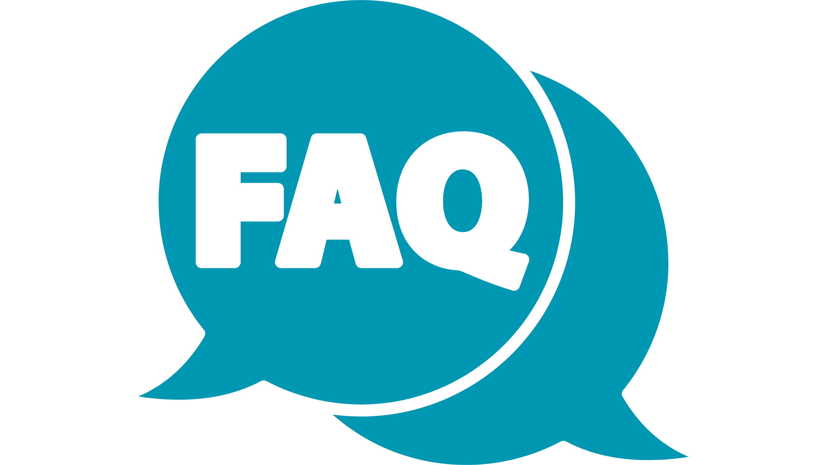Blue speech bubble icon with bold black text reading FAQ, representing frequently asked questions for informational or support purposes.
