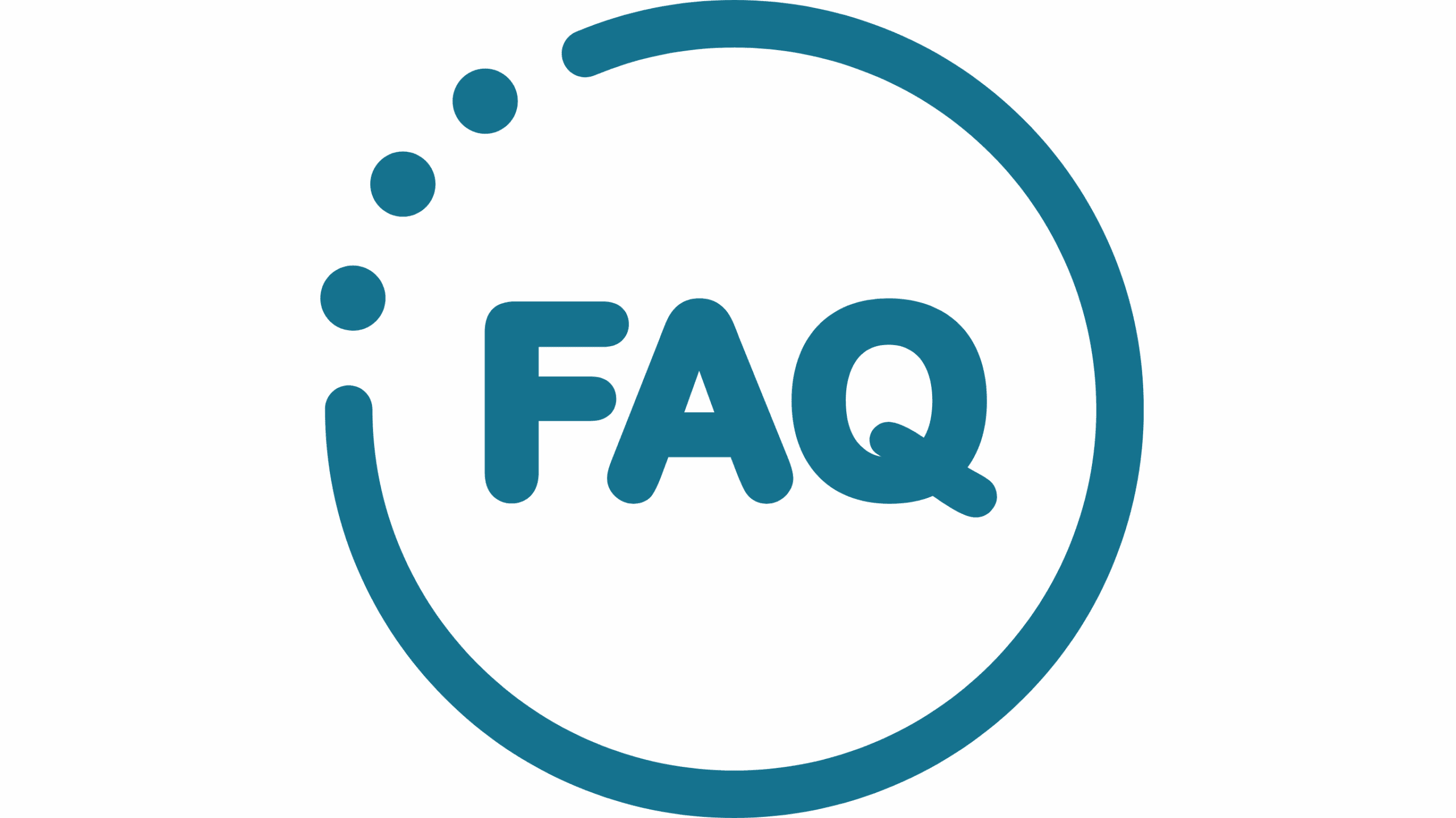 The acronym FAQ in bold teal letters is centered within a broken circle design, accented by three dots along the left side of the curve.