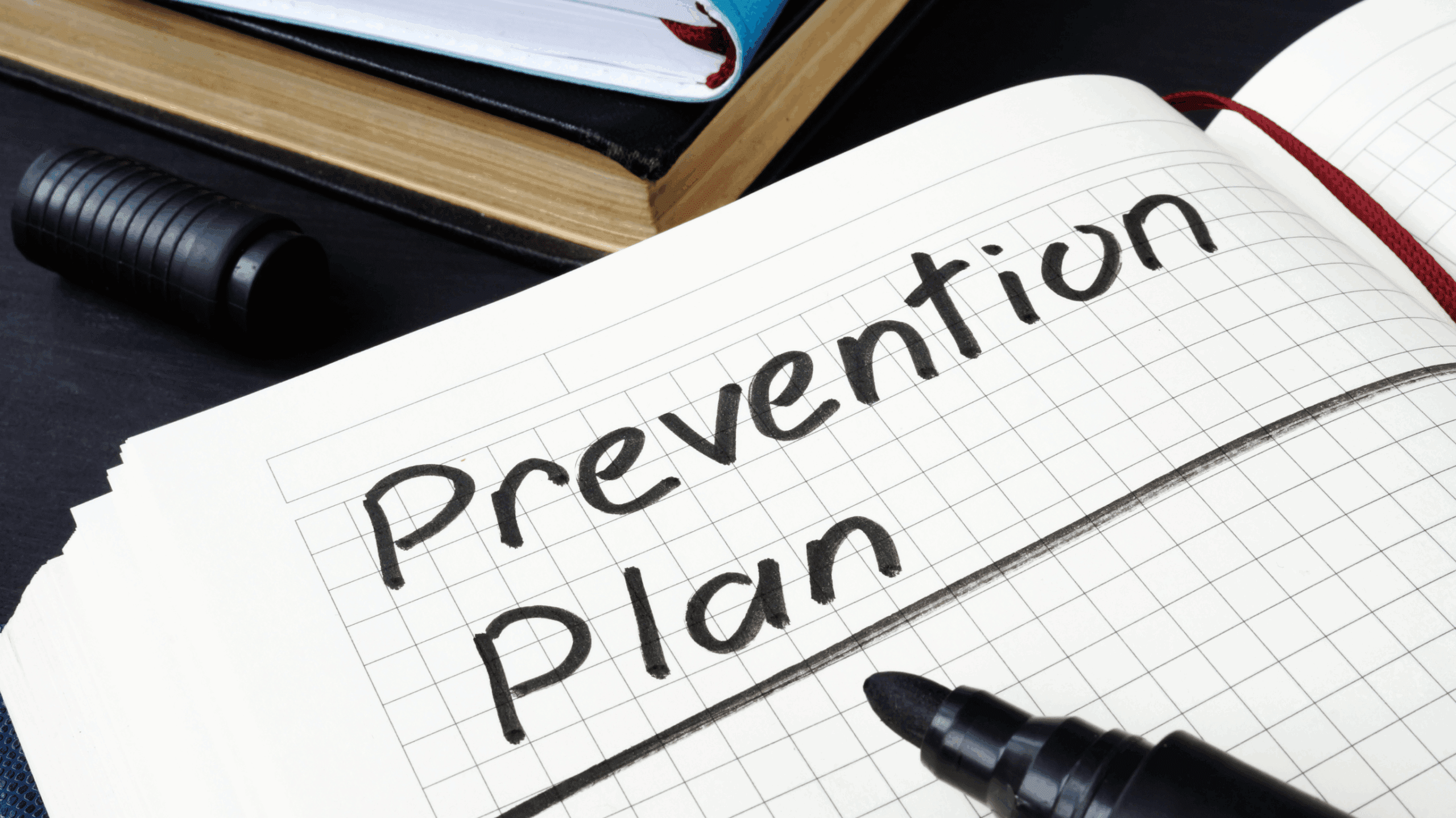 A notebook with "Prevention Plan" written in bold black marker, emphasizing the importance of proactive measures for seawall maintenance.