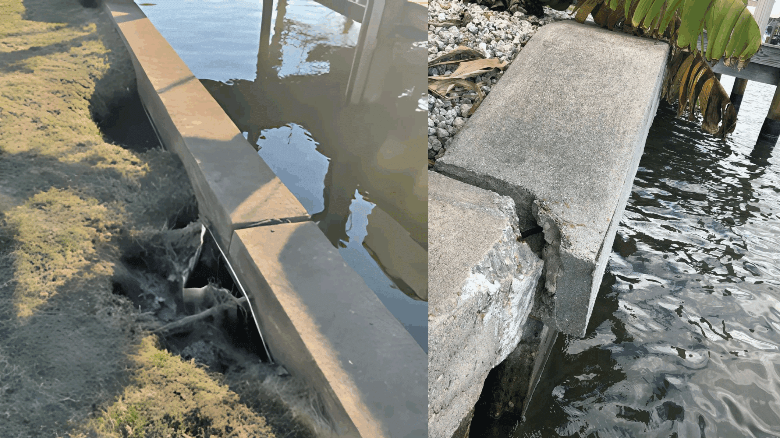 A damaged seawall with visible sinkholes and cracks, showing signs of erosion and structural failure along the waterfront.