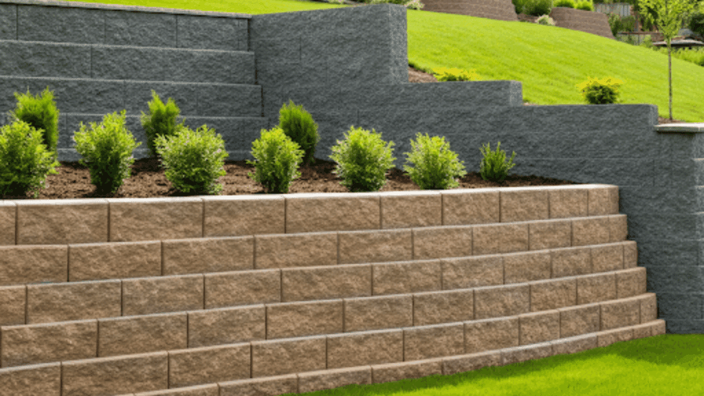 Tiered landscape showing gravity vs. cantilevered retaining walls, with shrubs planted between tan and gray concrete wall sections.