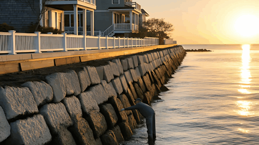 A man inspects a large stone seawall at sunset, checking for erosion or sinkholes as waves gently lap against the structure.