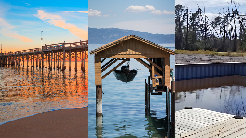 A collage of three waterfront structures: a wooden pier at sunset, a boat lift over calm water, and a flooded dock near dead trees.