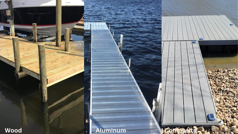A comparison of three dock materials: wood, aluminum, and composite, each built over the water with distinct structural designs.