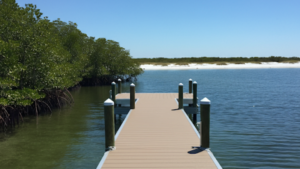 A newly constructed dock extends over calm blue water, surrounded by lush green mangroves and a sandy shoreline in the distance.