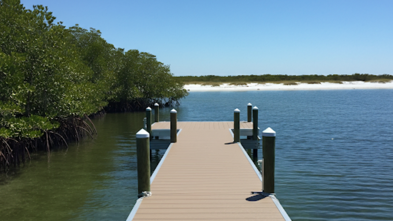 A newly constructed dock extends over calm blue water, surrounded by lush green mangroves and a sandy shoreline in the distance.