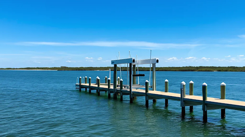 A wooden dock with a boat lift extends over calm blue waters, surrounded by white-capped pilings, with a distant shoreline in view.