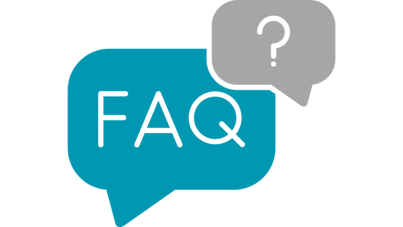 An FAQ icon with two overlapping speech bubbles, one blue with "FAQ" in white text and one gray with a white question mark.