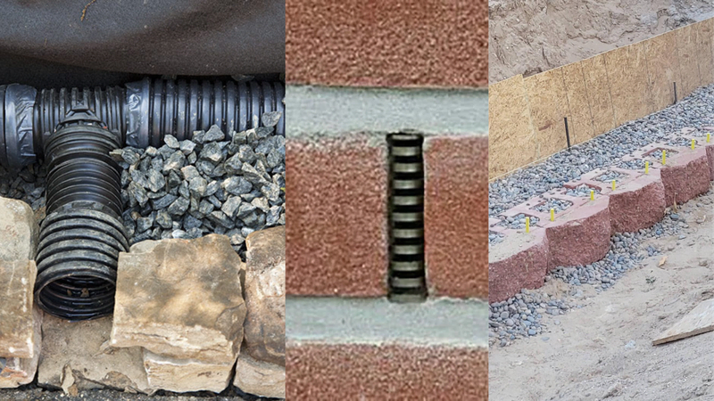 A collage of three drainage solutions for soil erosion, including a perforated pipe, a weep hole in a brick wall, and a retaining wall.