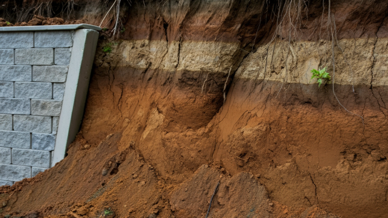 A failed retaining wall leans as exposed soil layers show severe erosion, with roots hanging and a small plant clinging to the dirt.