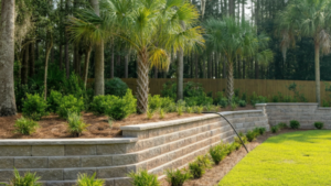 A tiered retaining wall with lush landscaping and palm trees helps prevent soil erosion in a well-maintained backyard near a forest.