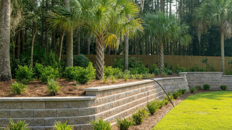 A tiered retaining wall with lush landscaping and palm trees helps prevent soil erosion in a well-maintained backyard near a forest.