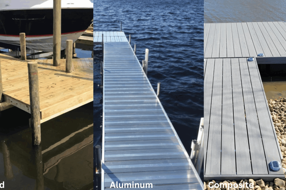 A comparison of three dock materials: wood, aluminum, and composite, each built over the water with distinct structural designs.